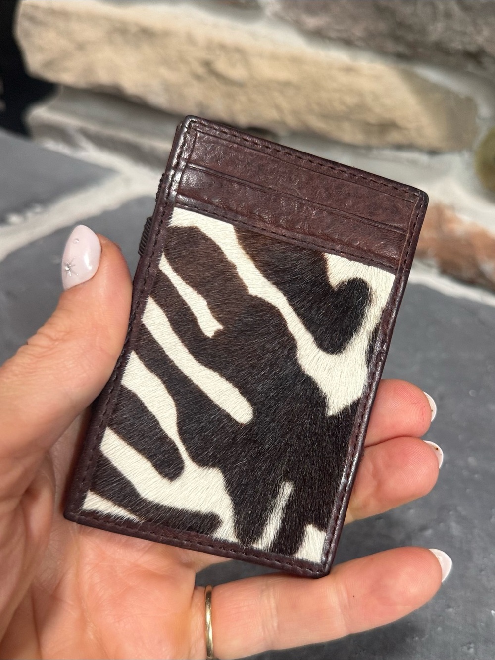 J. Crew minimalist wallet cowhide zebra print leather